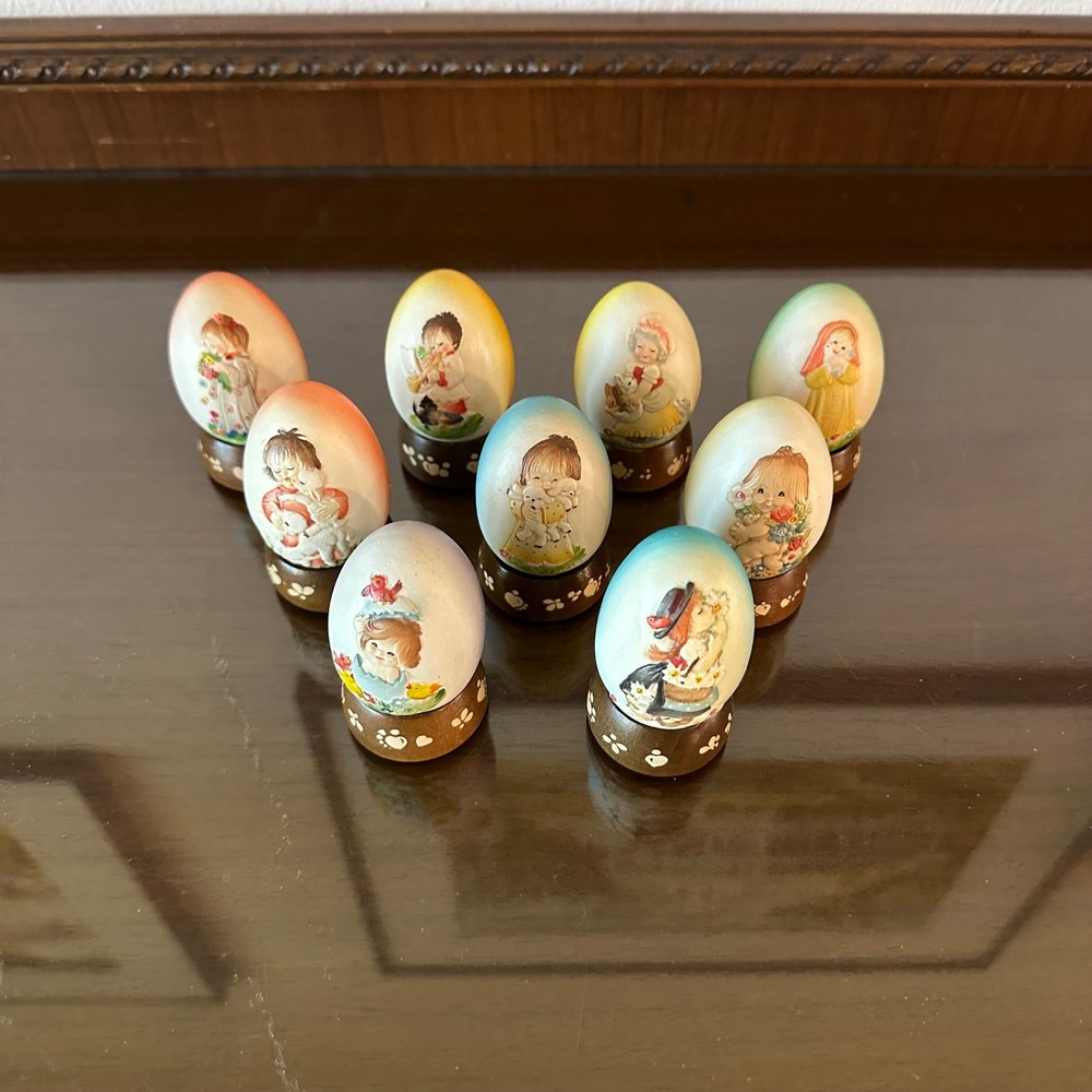 Vintage Anri Ferrandiz Wood Carved Easter Egg Figurines Set of 9 Italy Decor
